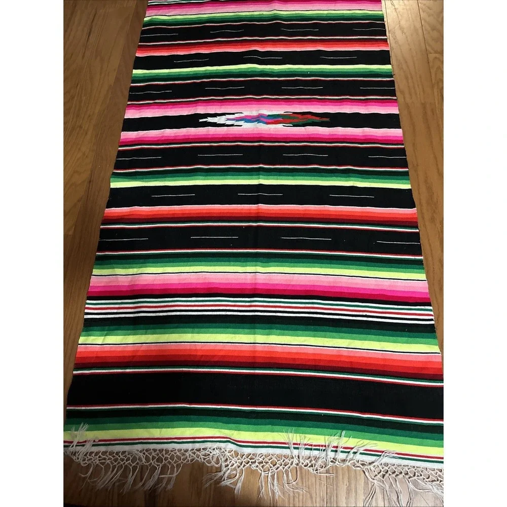 Traditional Colorful Striped Fringed Woven  Mexican Blanket 7' X 3'